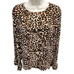 Rose olive chiffon leapord lined long sleeve Career Casual neutral blouse M EUC